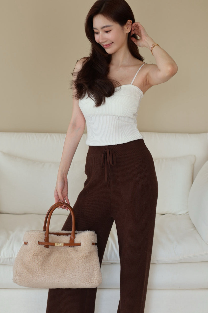 直腿刷絨針織休閒褲-咖