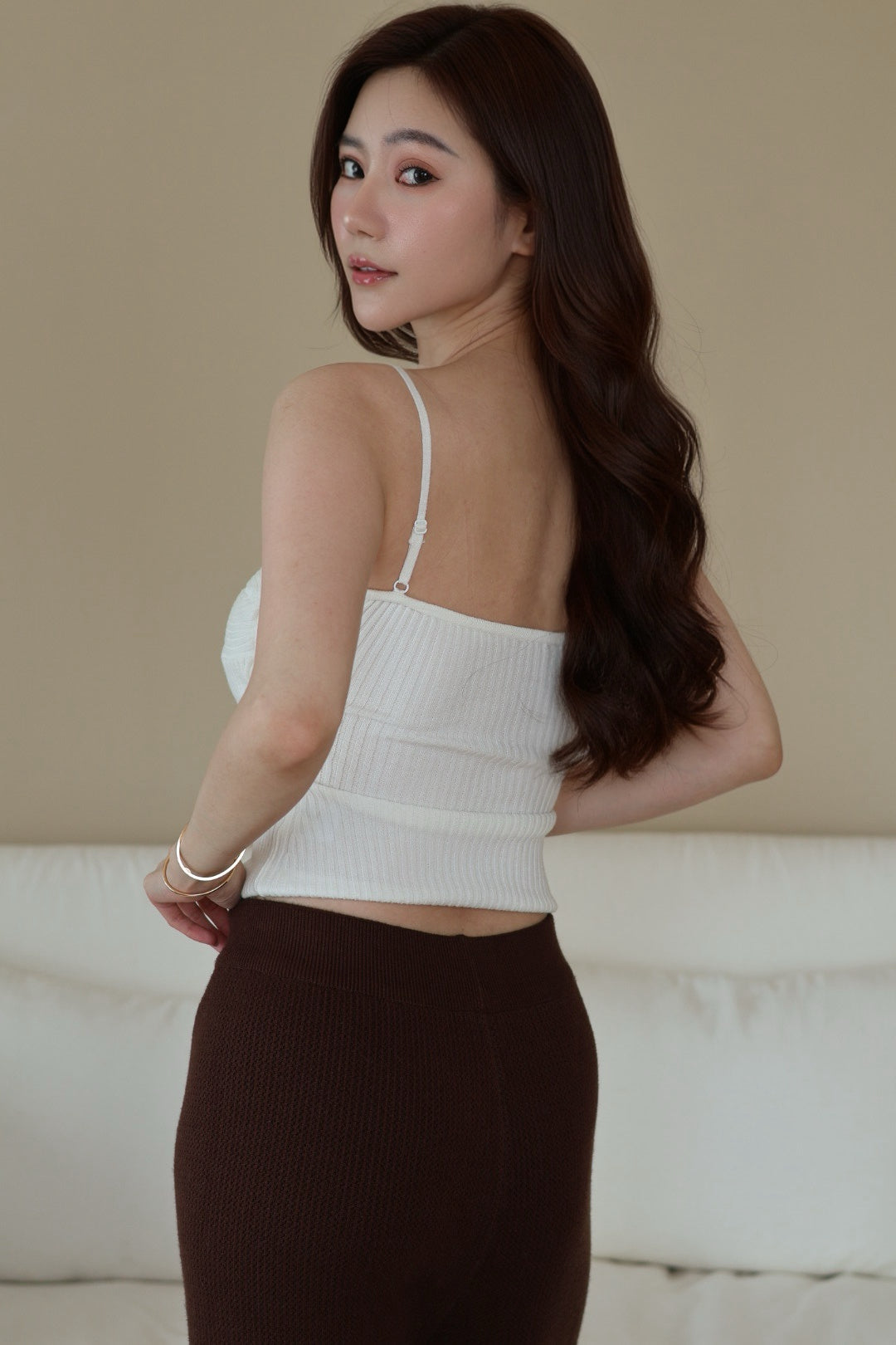 曲線桃心織紋bra top-白