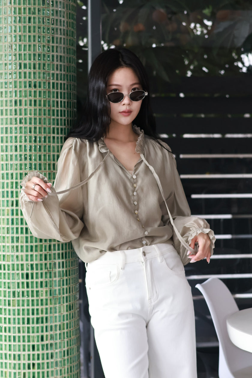 緞光貝殼絲綢襯衫-杏綠