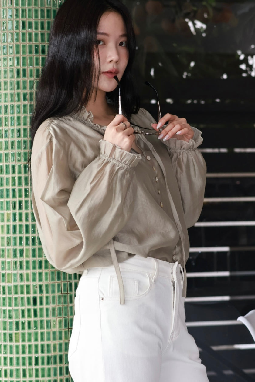 緞光貝殼絲綢襯衫-杏綠