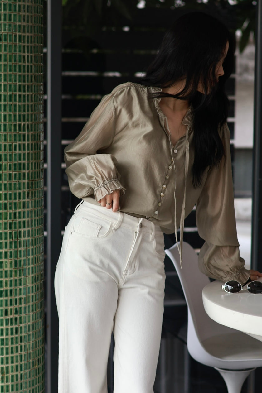 緞光貝殼絲綢襯衫-杏綠