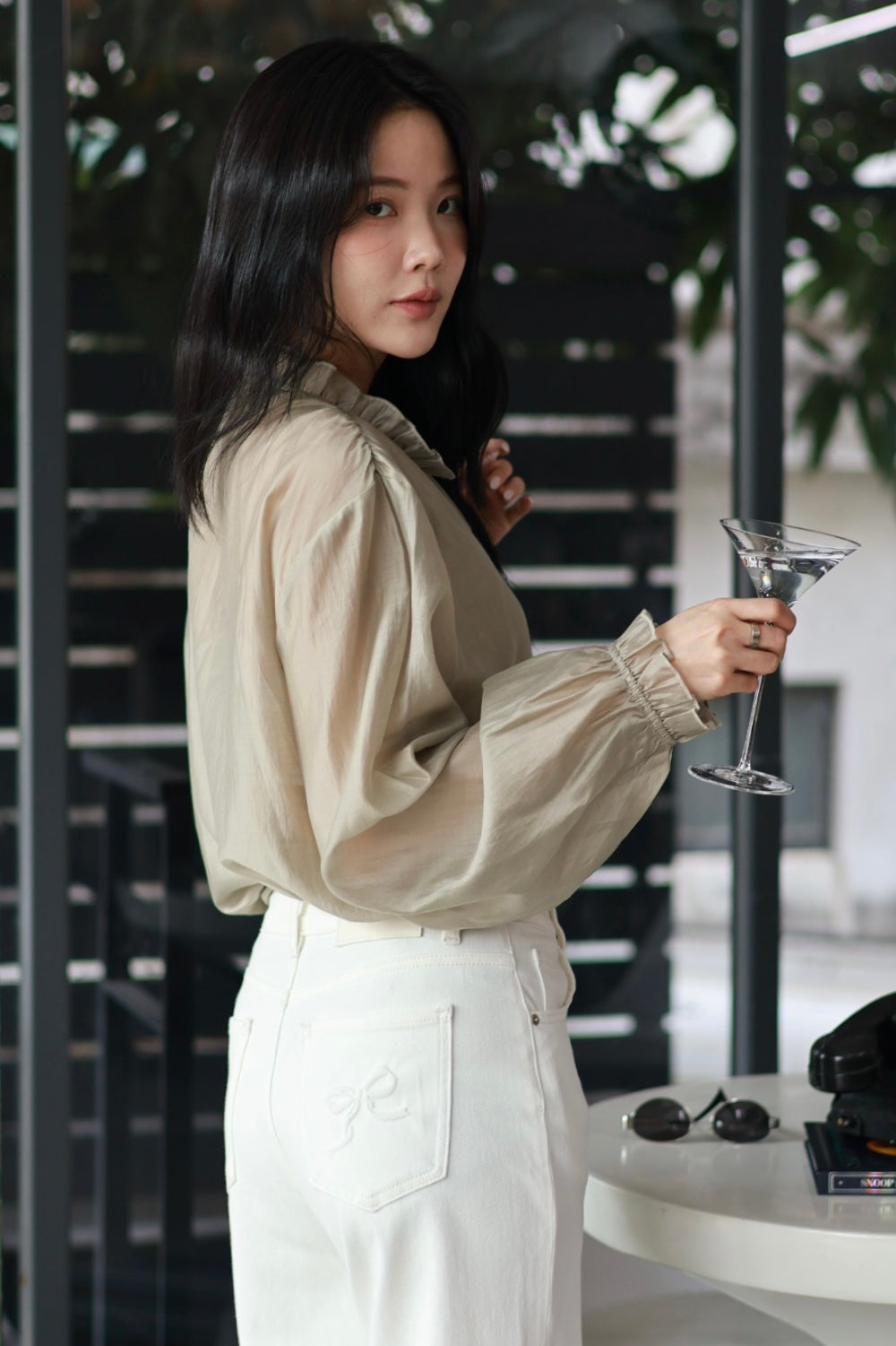 緞光貝殼絲綢襯衫-杏綠