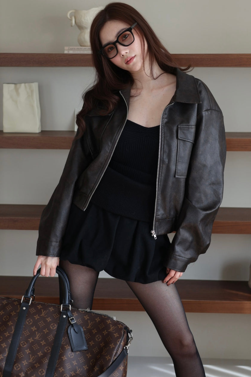 羊毛反摺花苞褲裙-黑