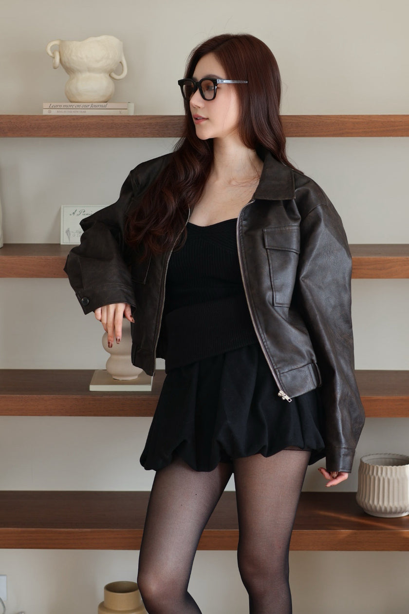 水洗復古皮外套-水洗咖