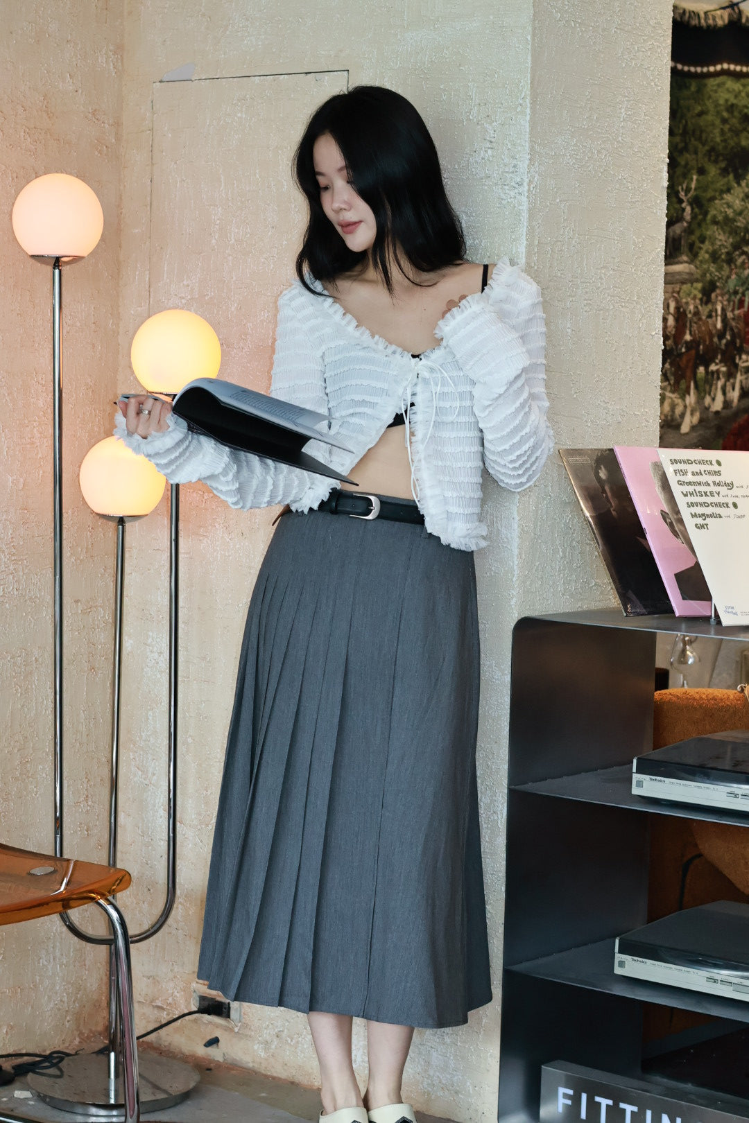 Miu感智性半百褶裙(附皮帶)-灰