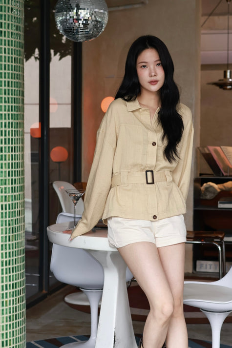 微風亞麻風衣襯衫-奶茶