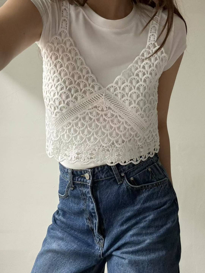 法式簍空雕花小吊帶-白