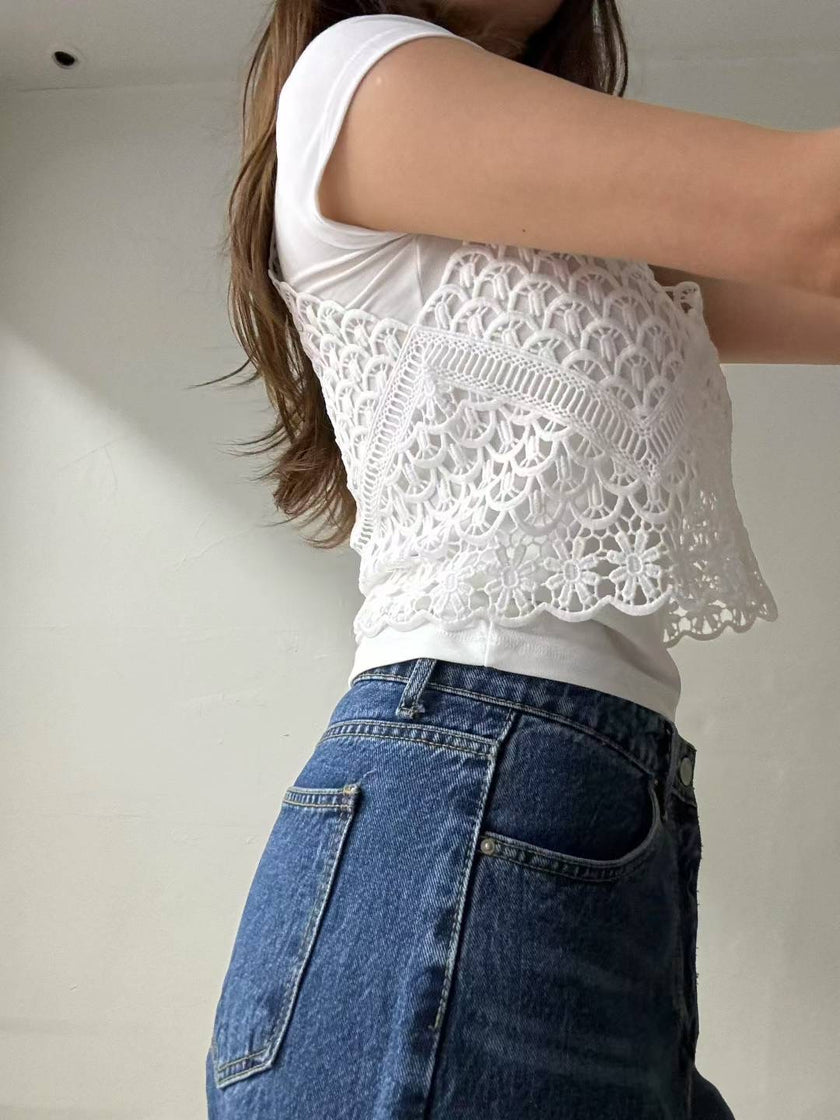 法式簍空雕花小吊帶-白