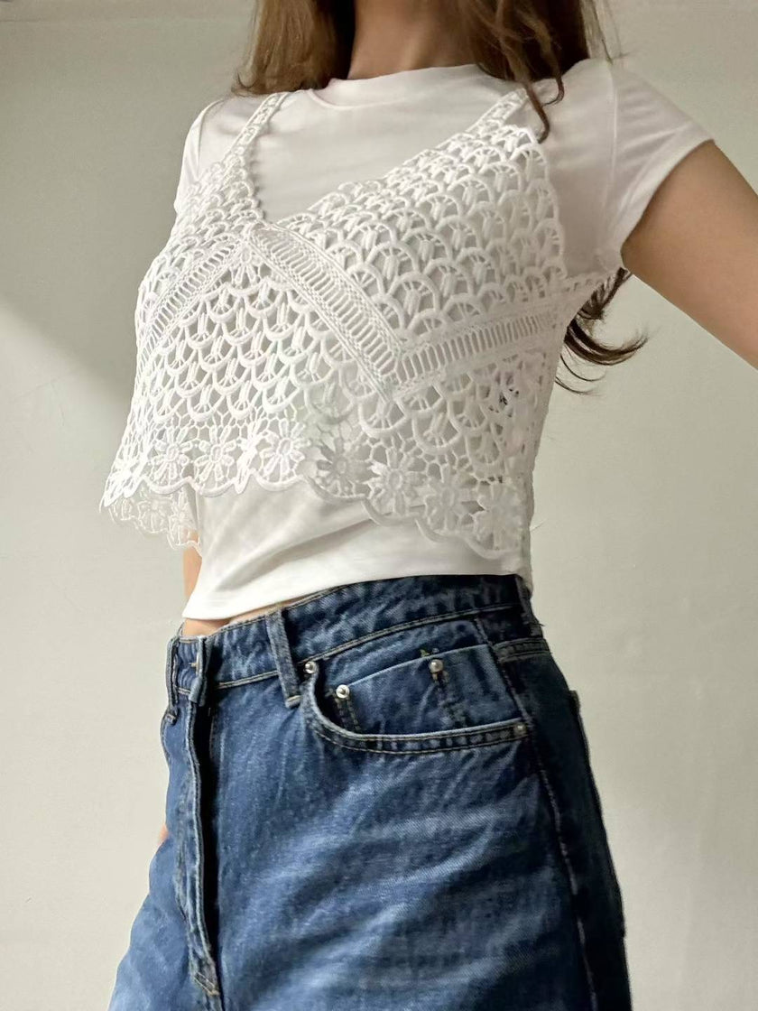 法式簍空雕花小吊帶-白