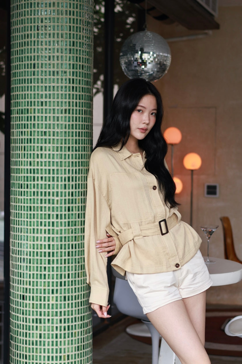 微風亞麻風衣襯衫-奶茶