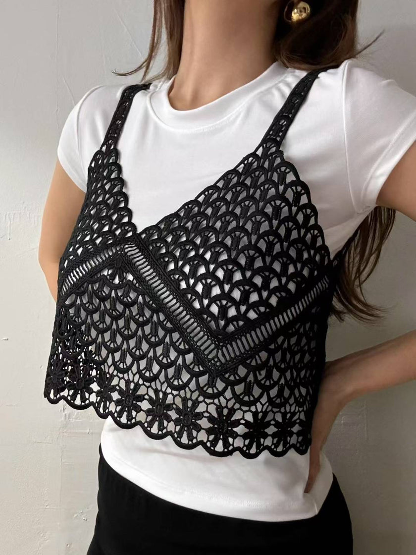 法式簍空雕花小吊帶-黑