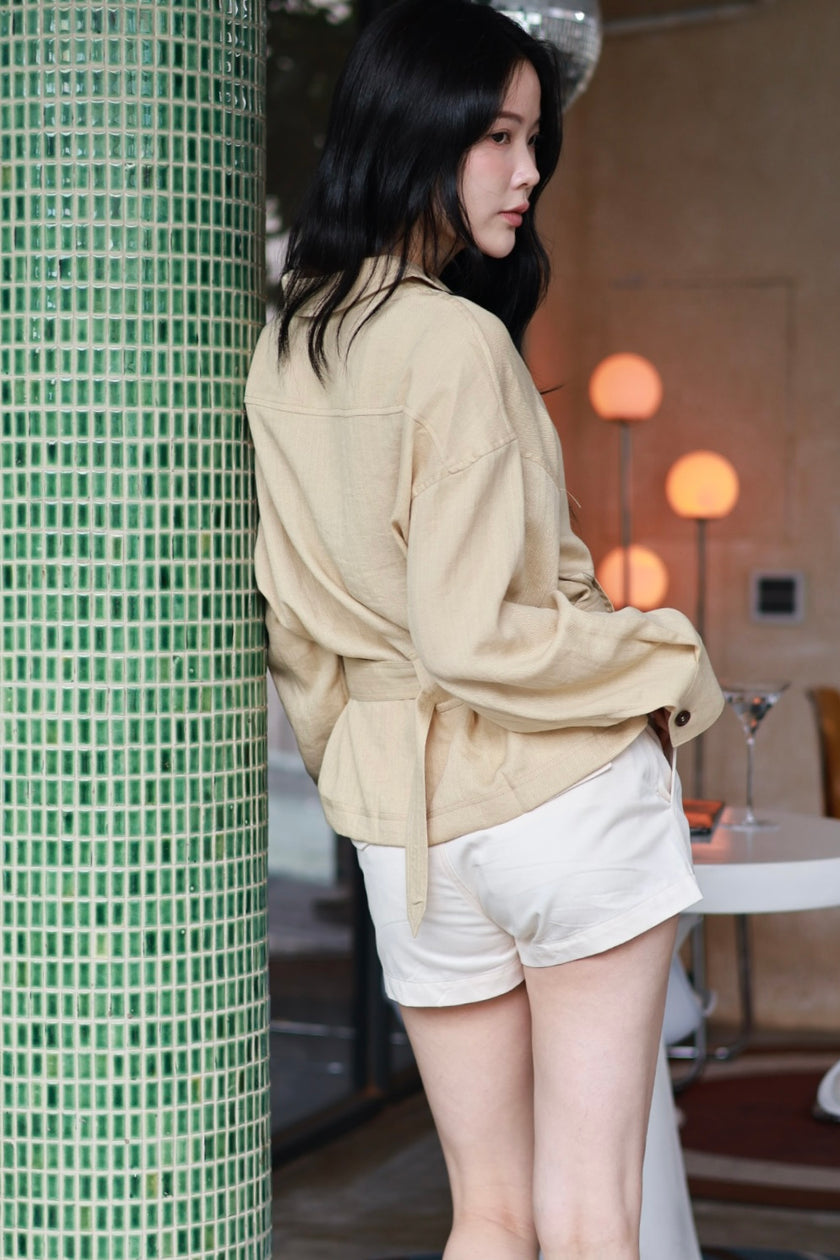 微風亞麻風衣襯衫-奶茶