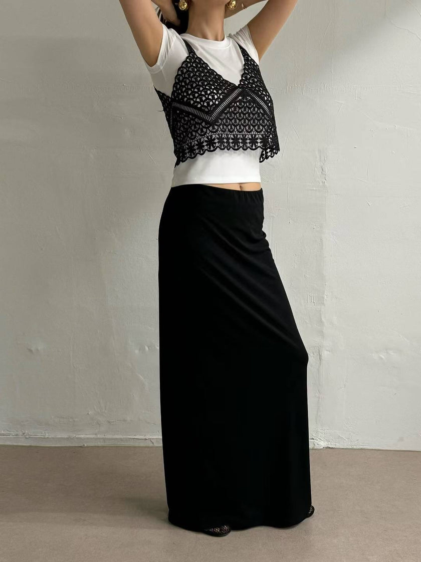 法式簍空雕花小吊帶-黑