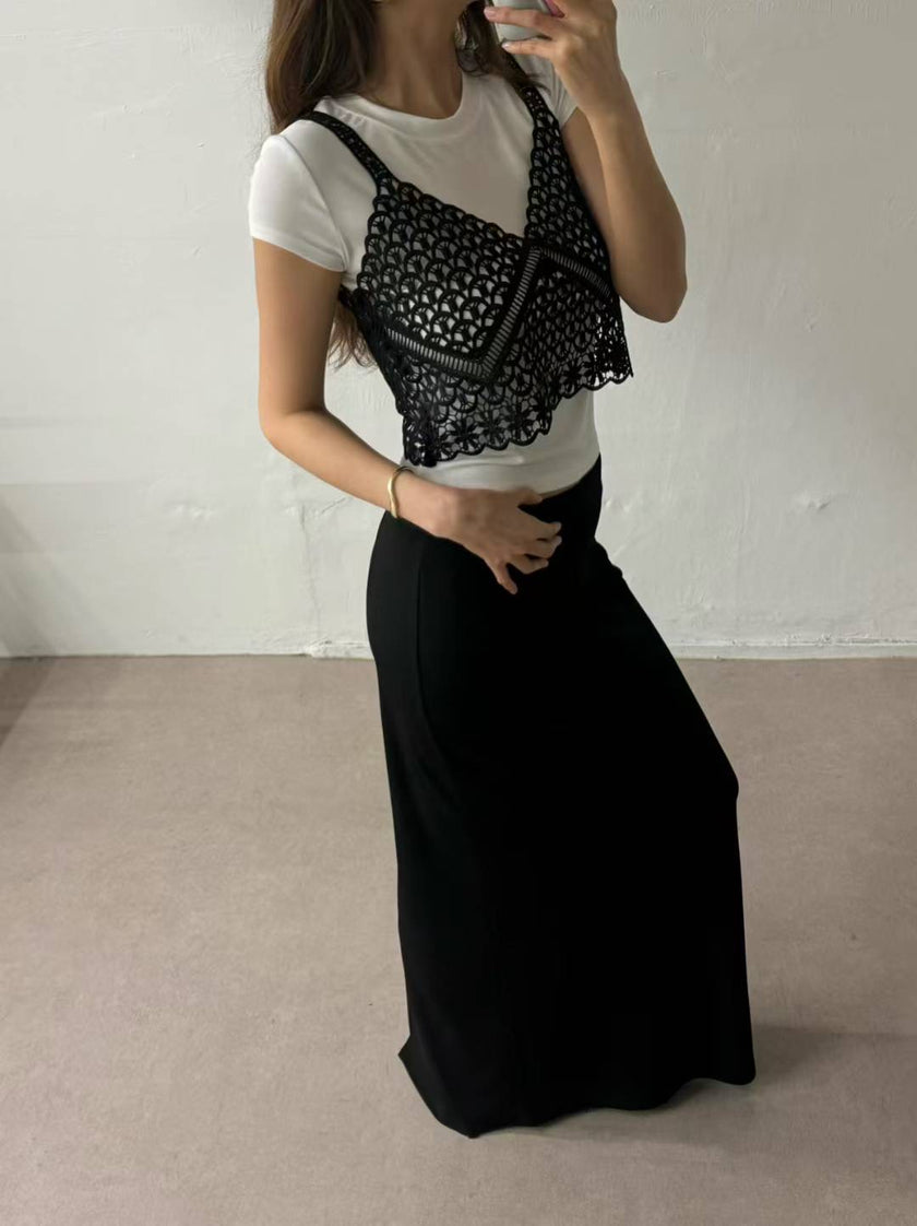 法式簍空雕花小吊帶-黑