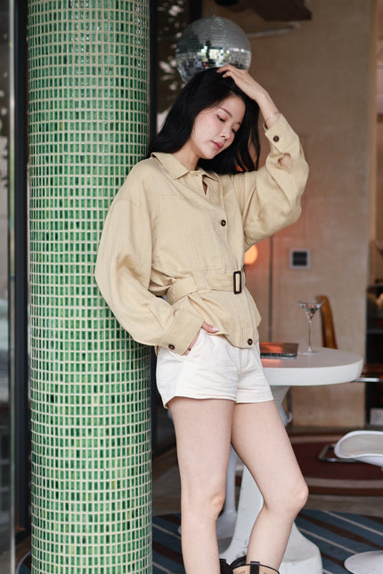 挺版工裝休閒短褲-米白