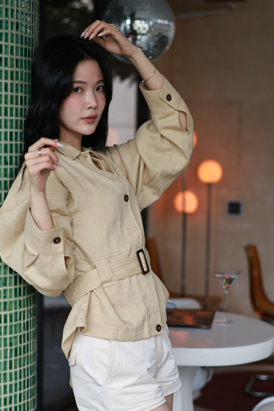 微風亞麻風衣襯衫-奶茶