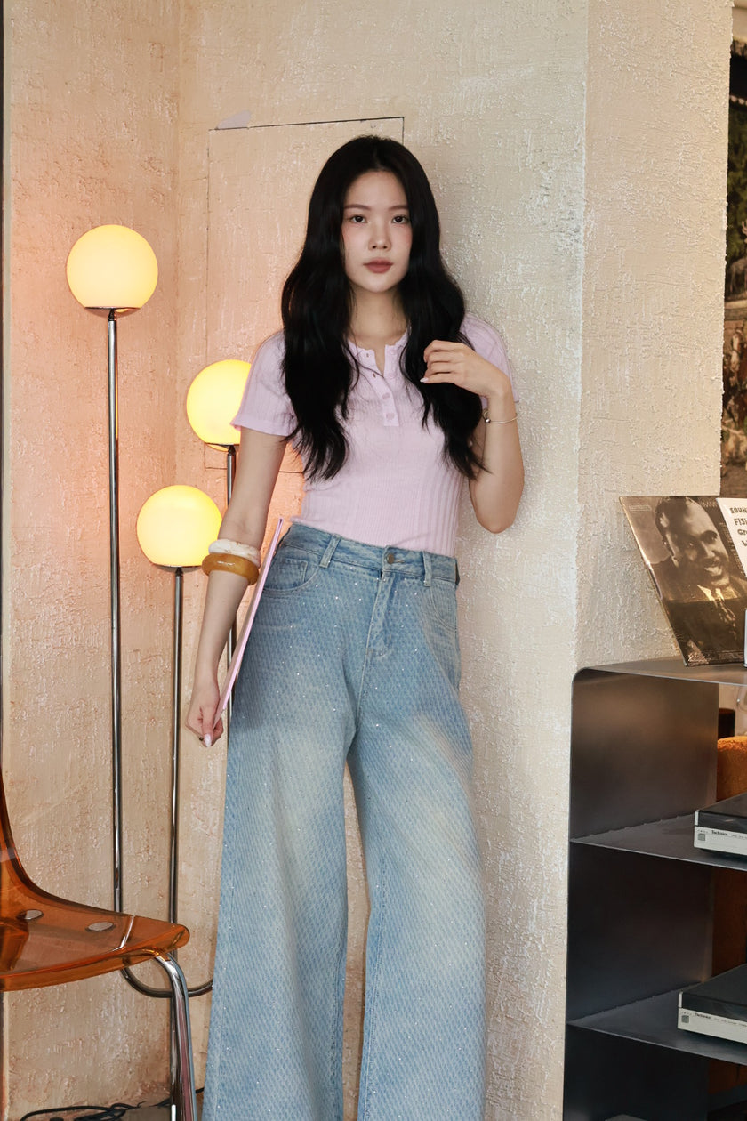 人魚菱格滿鑽牛仔寬褲-淺藍