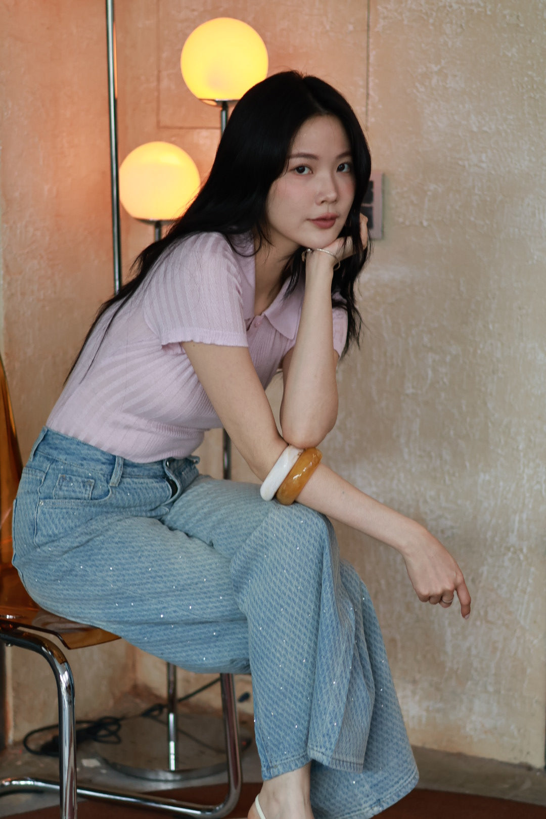 人魚菱格滿鑽牛仔寬褲-淺藍