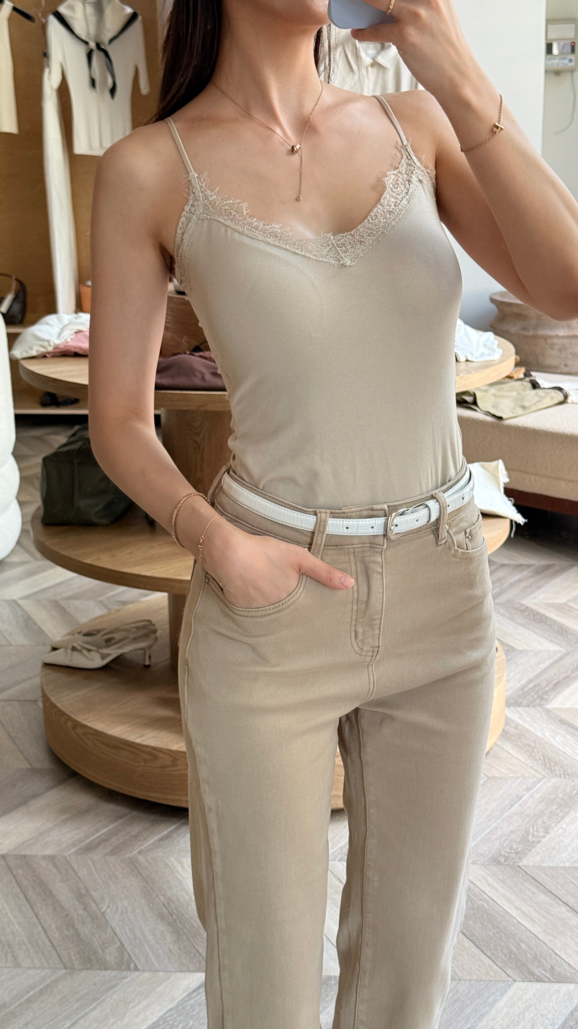 夏季蕾絲細肩bra top-杏