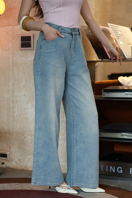 人魚菱格滿鑽牛仔寬褲-淺藍