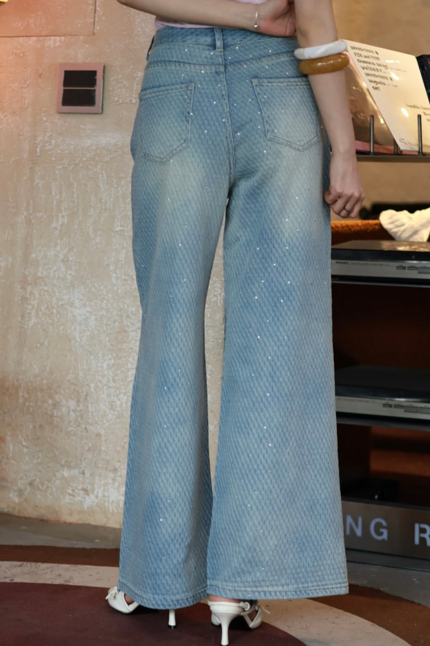 人魚菱格滿鑽牛仔寬褲-淺藍