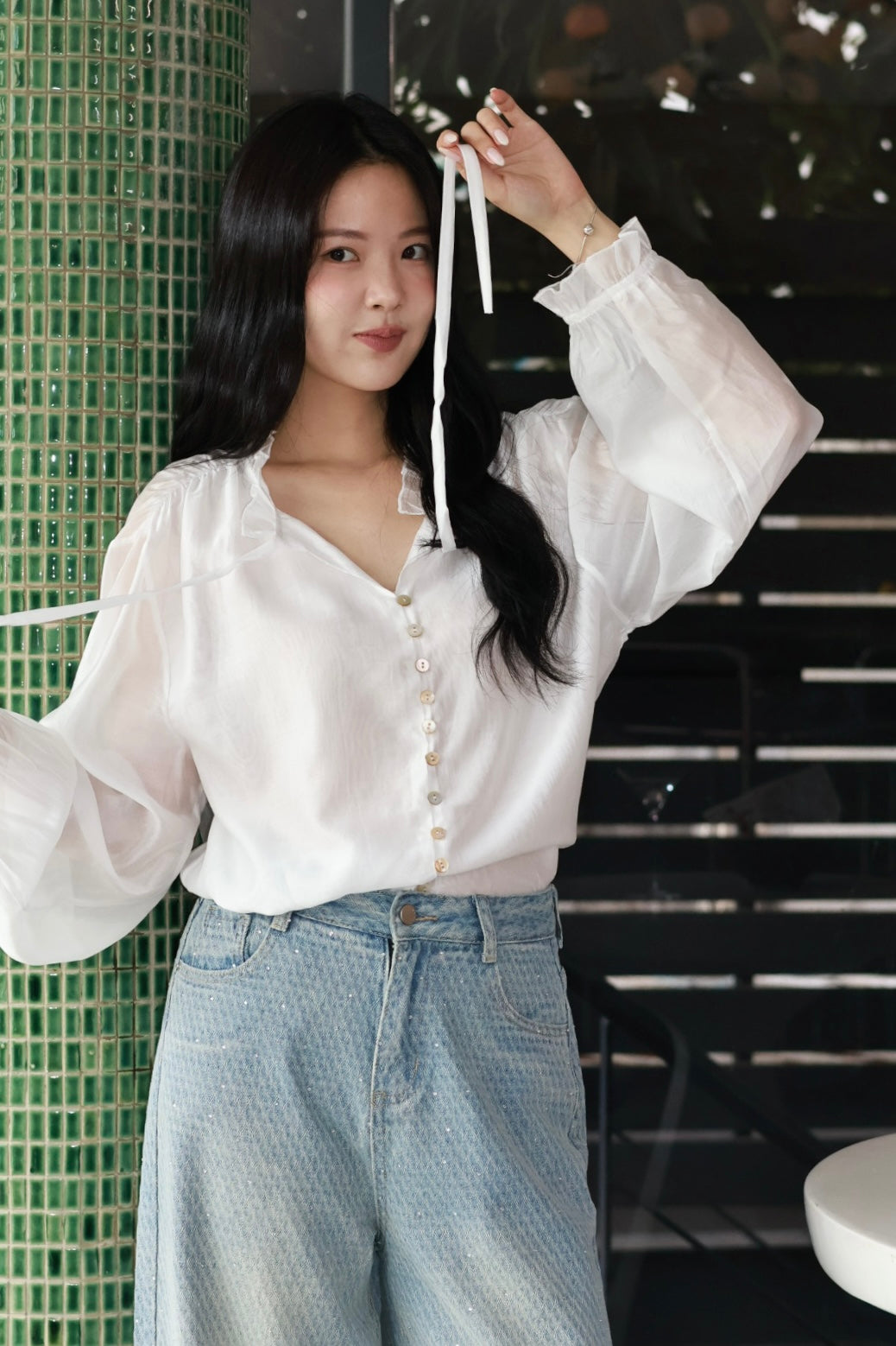 緞光貝殼絲綢襯衫-米白