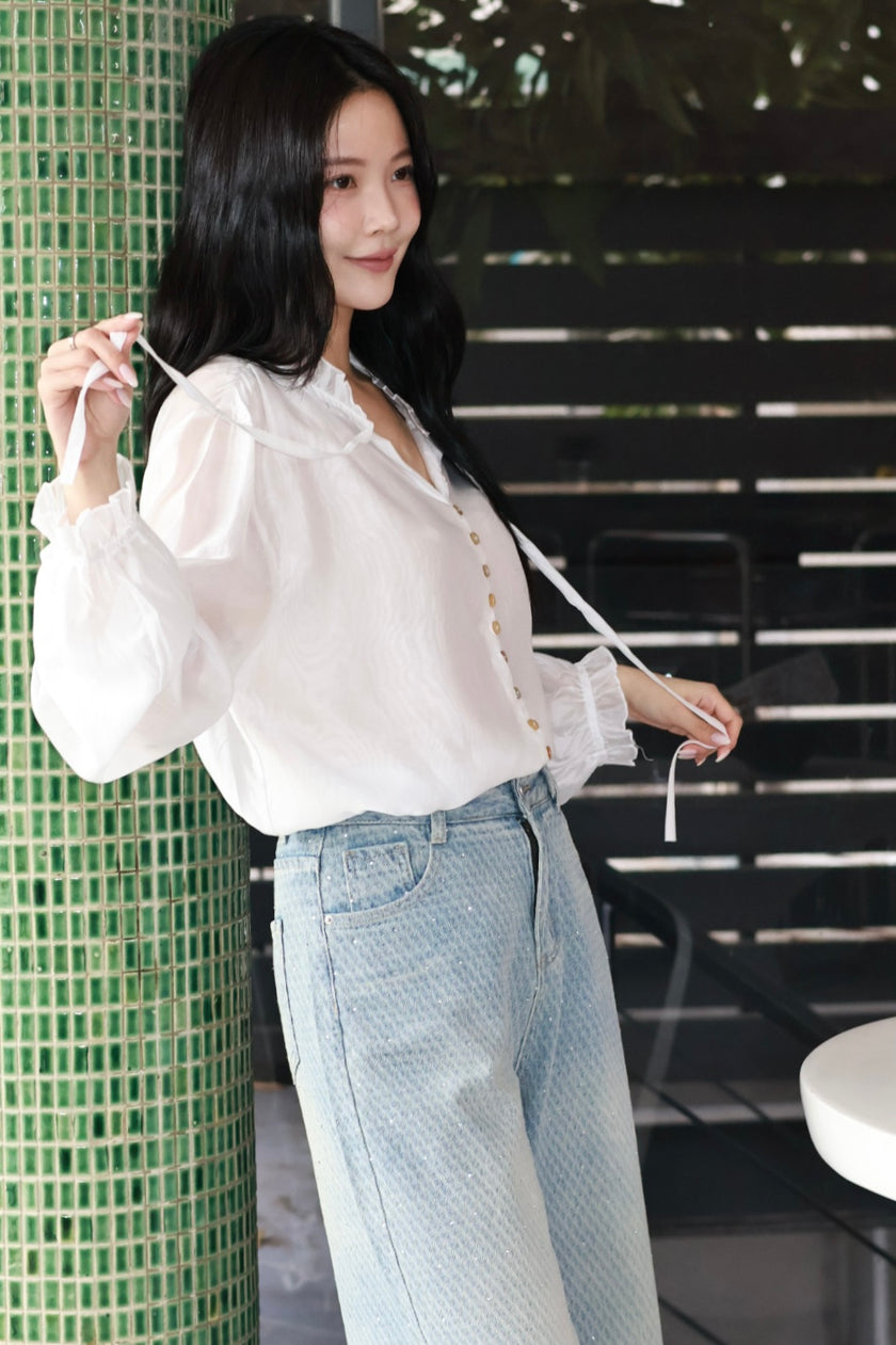 緞光貝殼絲綢襯衫-米白