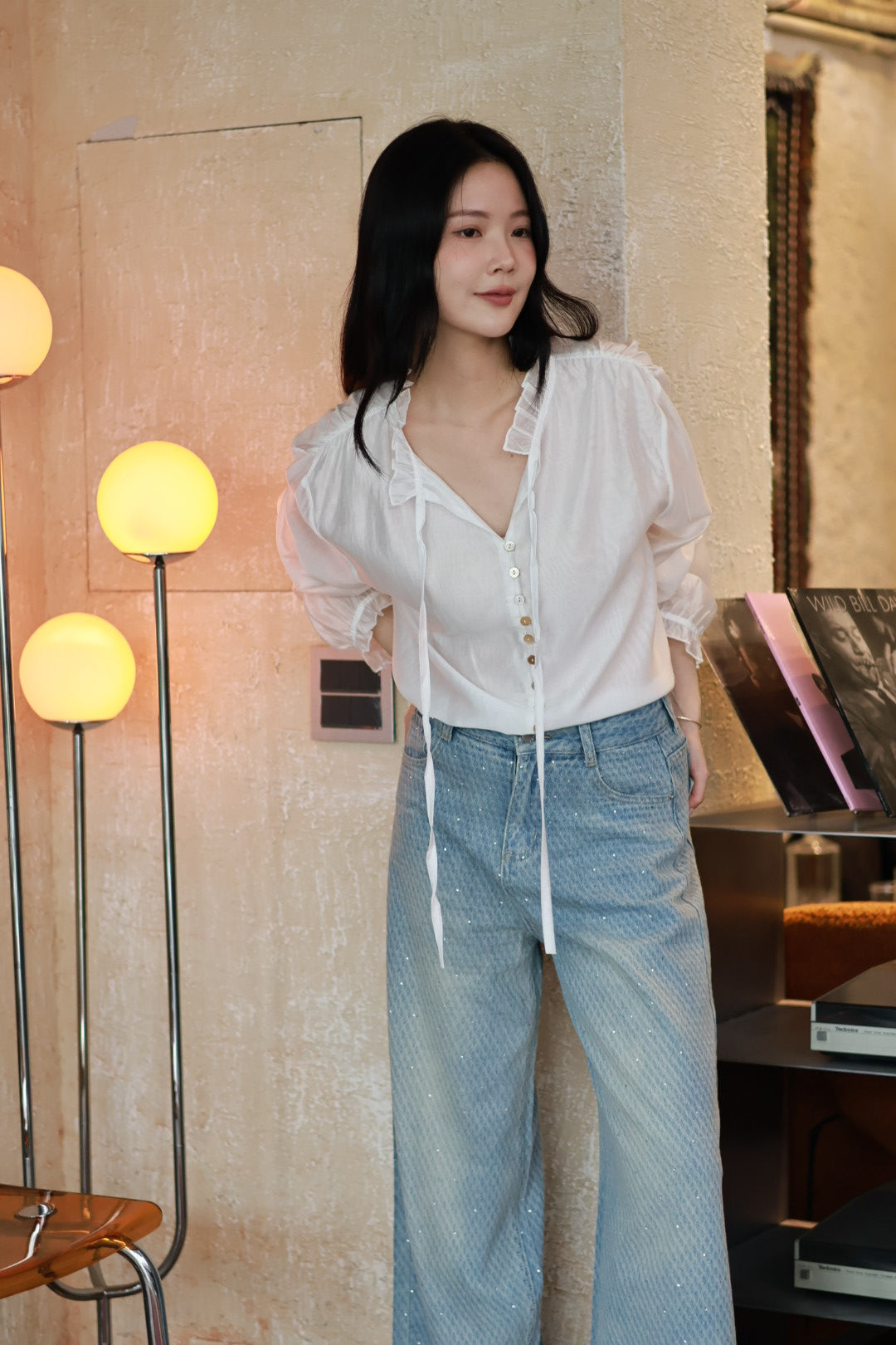 緞光貝殼絲綢襯衫-米白