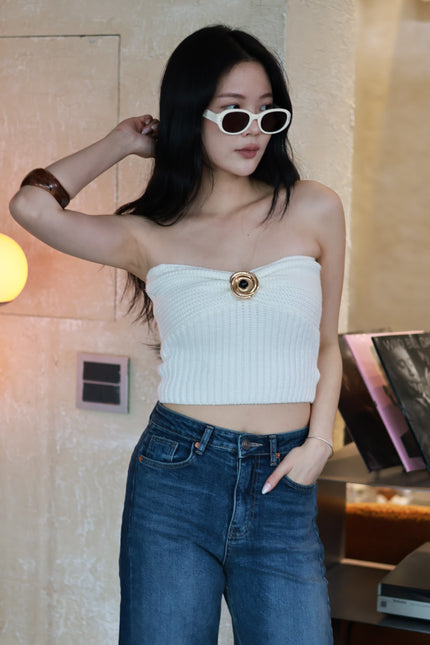 義式鉤織金屬平口上衣-白