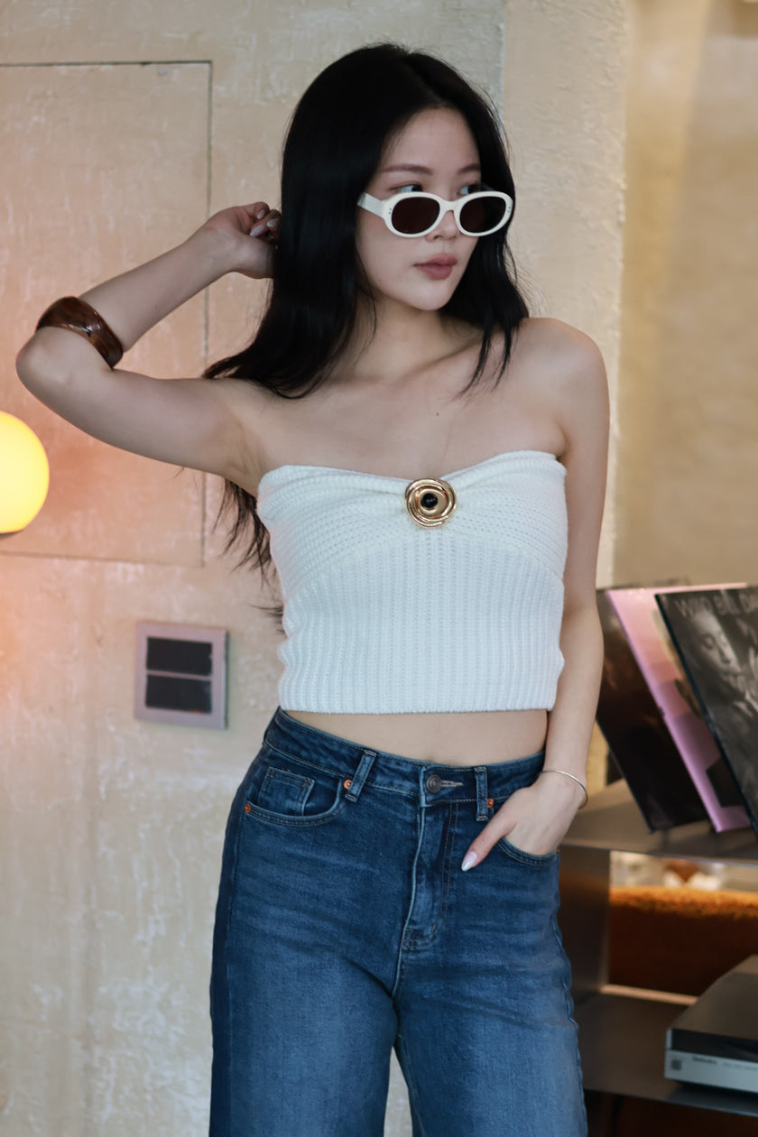 義式鉤織金屬平口上衣-白