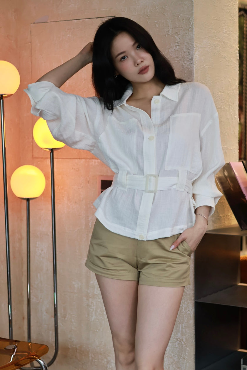 微風亞麻風衣襯衫-白