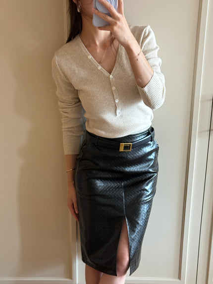 工藝編織紋開衩皮裙(附皮帶)