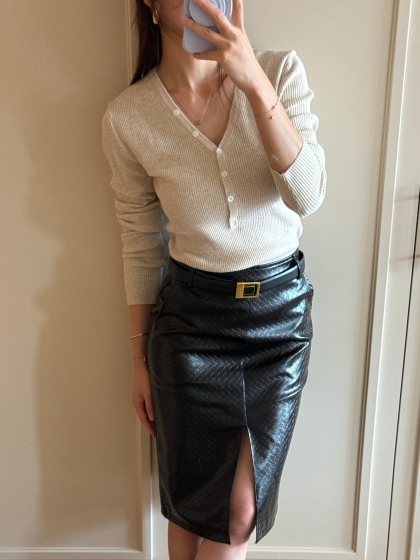 工藝編織紋開衩皮裙(附皮帶)