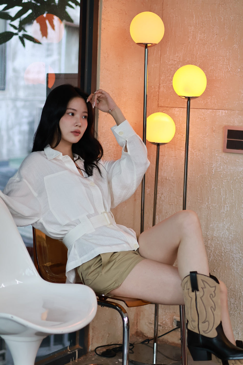 微風亞麻風衣襯衫-白