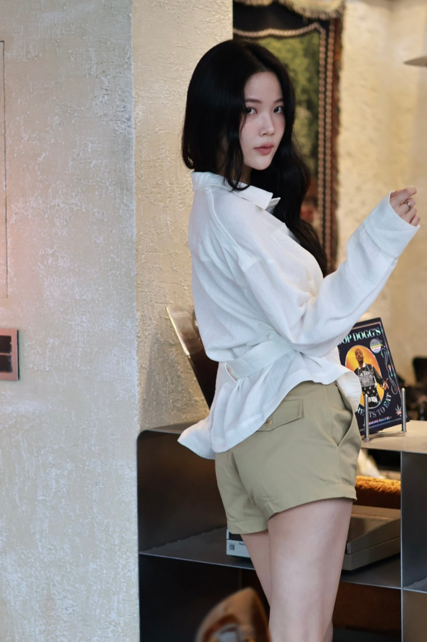 微風亞麻風衣襯衫-白