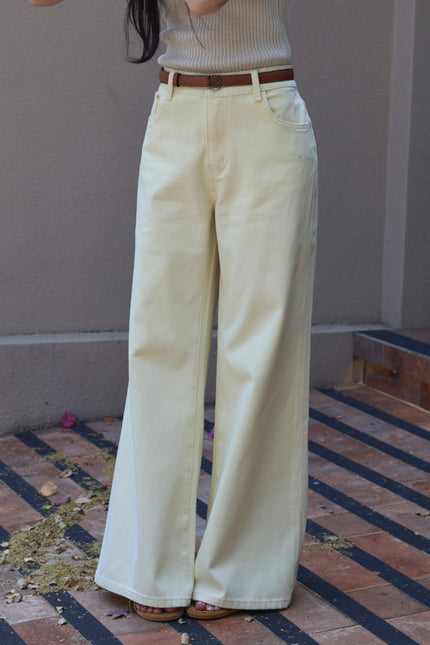 午後微光彈力直腿褲-淺黃