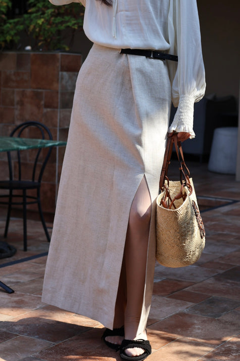 漫步皮帶抓褶開衩半裙-米杏