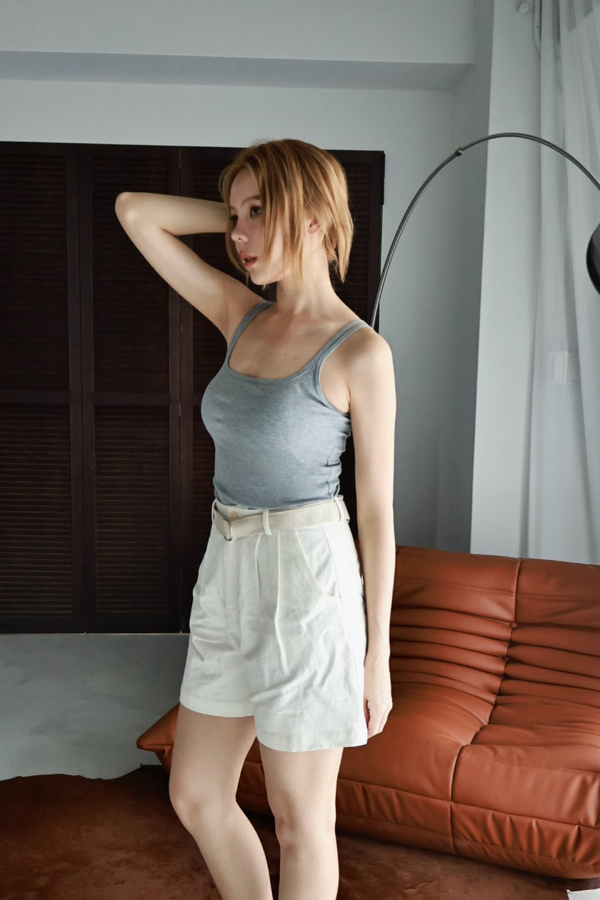 亞麻打褶短褲(附腰帶)