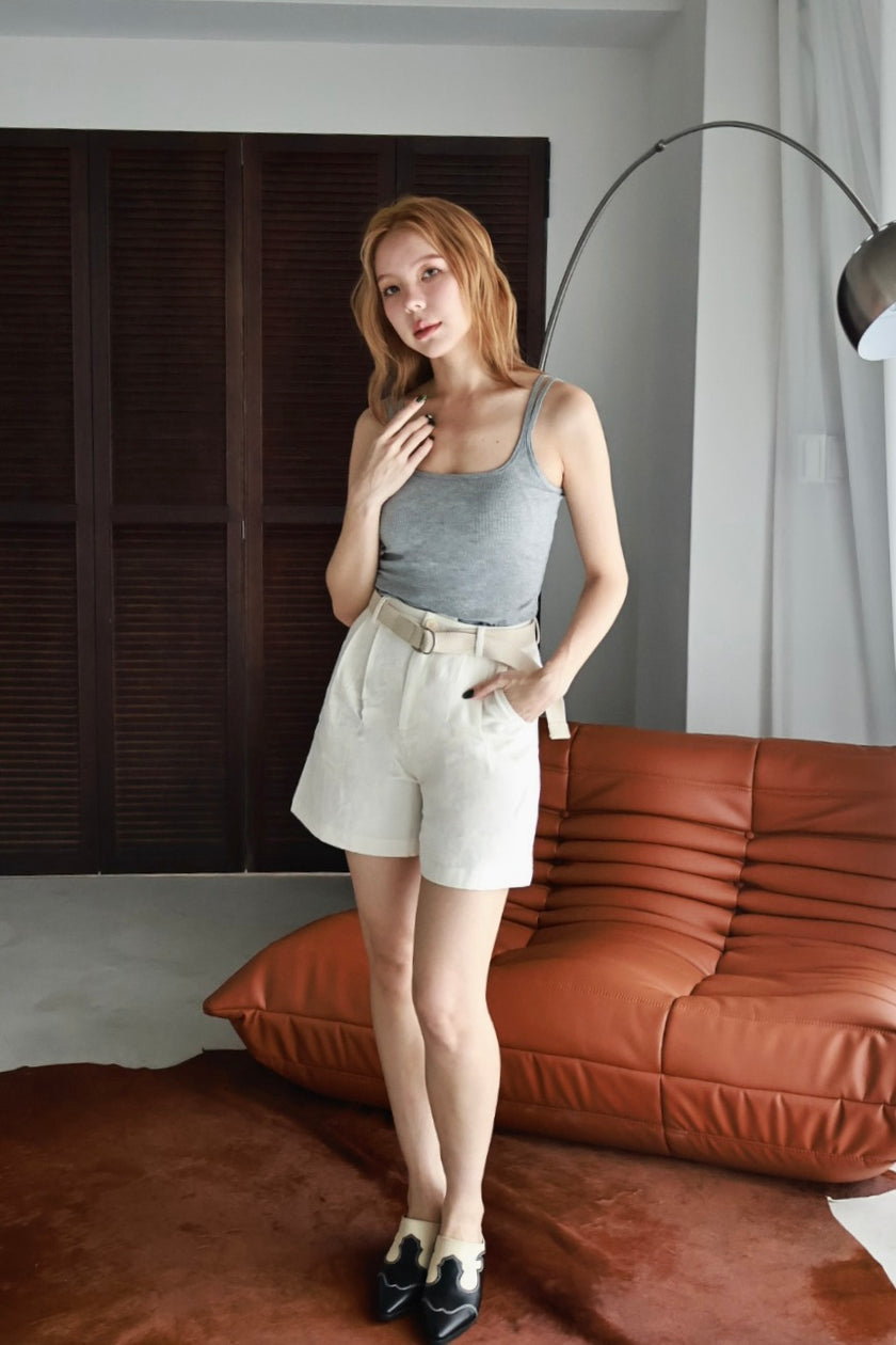 亞麻打褶短褲(附腰帶)