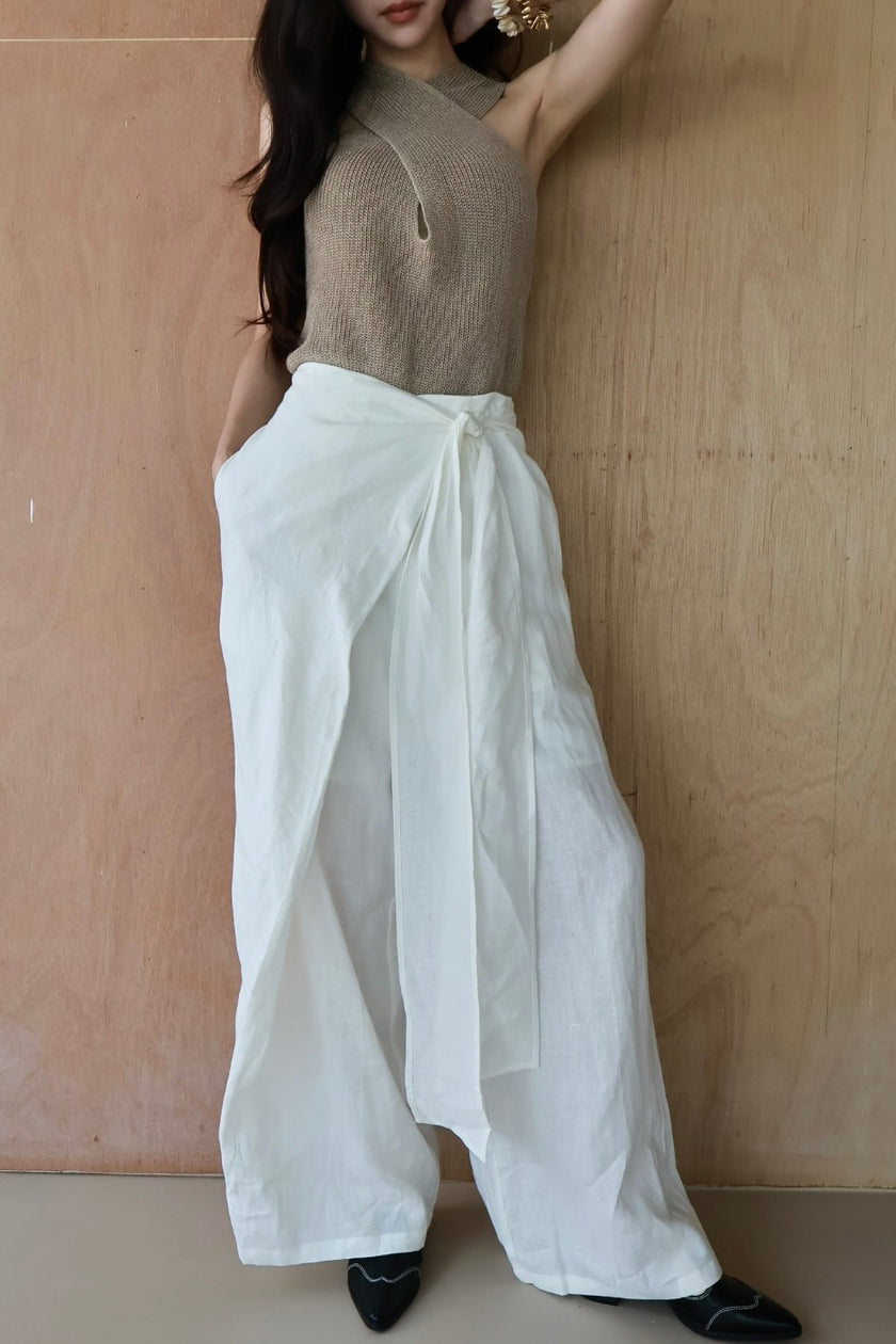 老錢亞麻綁帶裙褲-白