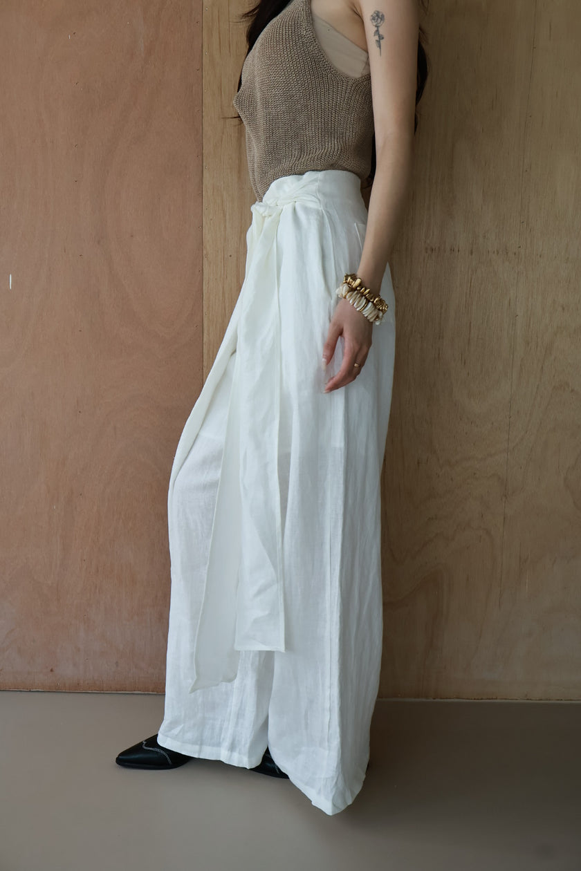 老錢亞麻綁帶裙褲-白