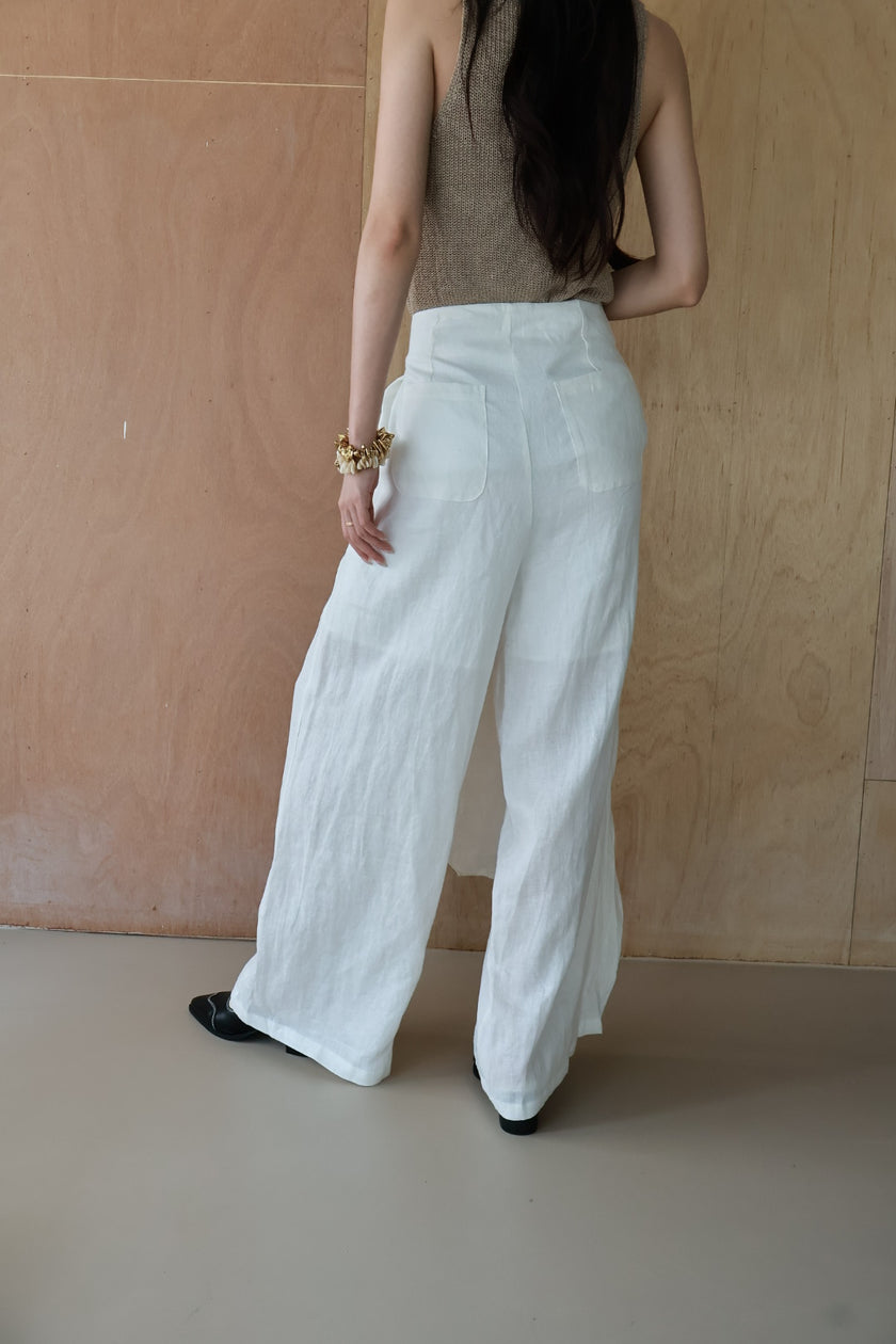 老錢亞麻綁帶裙褲-白