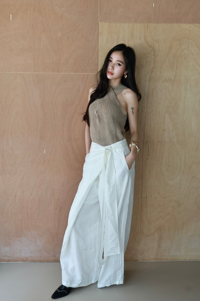 老錢亞麻綁帶裙褲-白