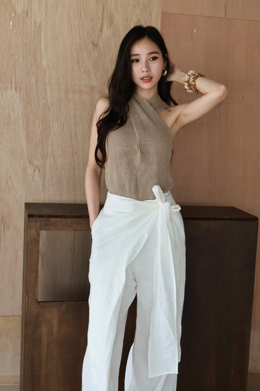 老錢亞麻綁帶裙褲-白