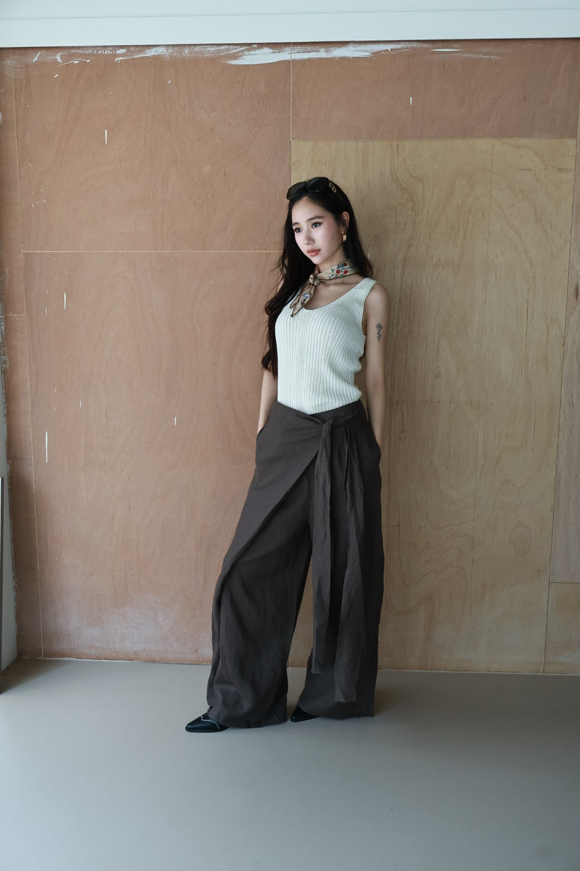 老錢亞麻綁帶裙褲-咖