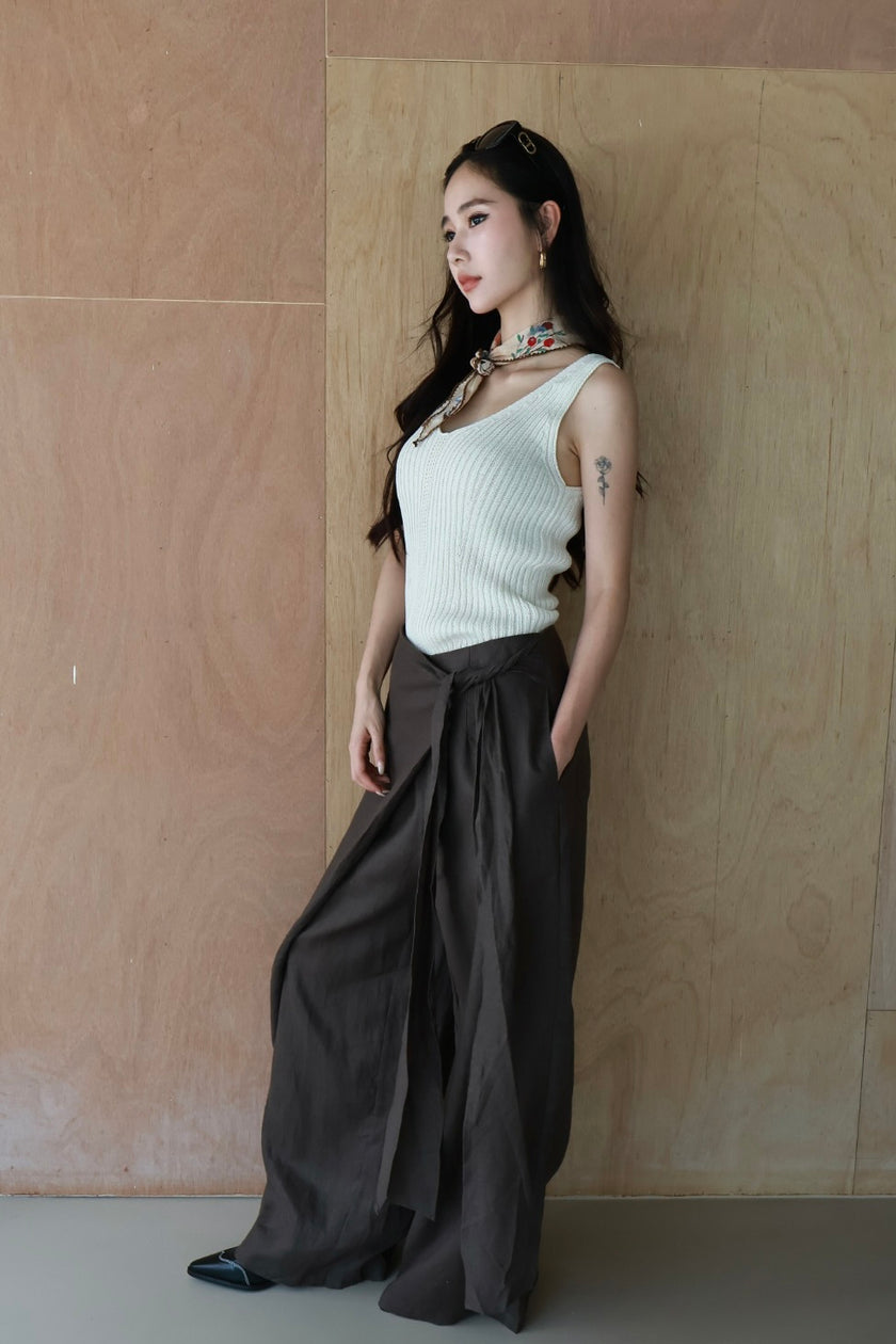 老錢亞麻綁帶裙褲-咖