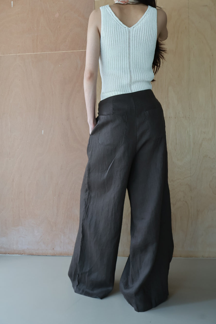 老錢亞麻綁帶裙褲-咖