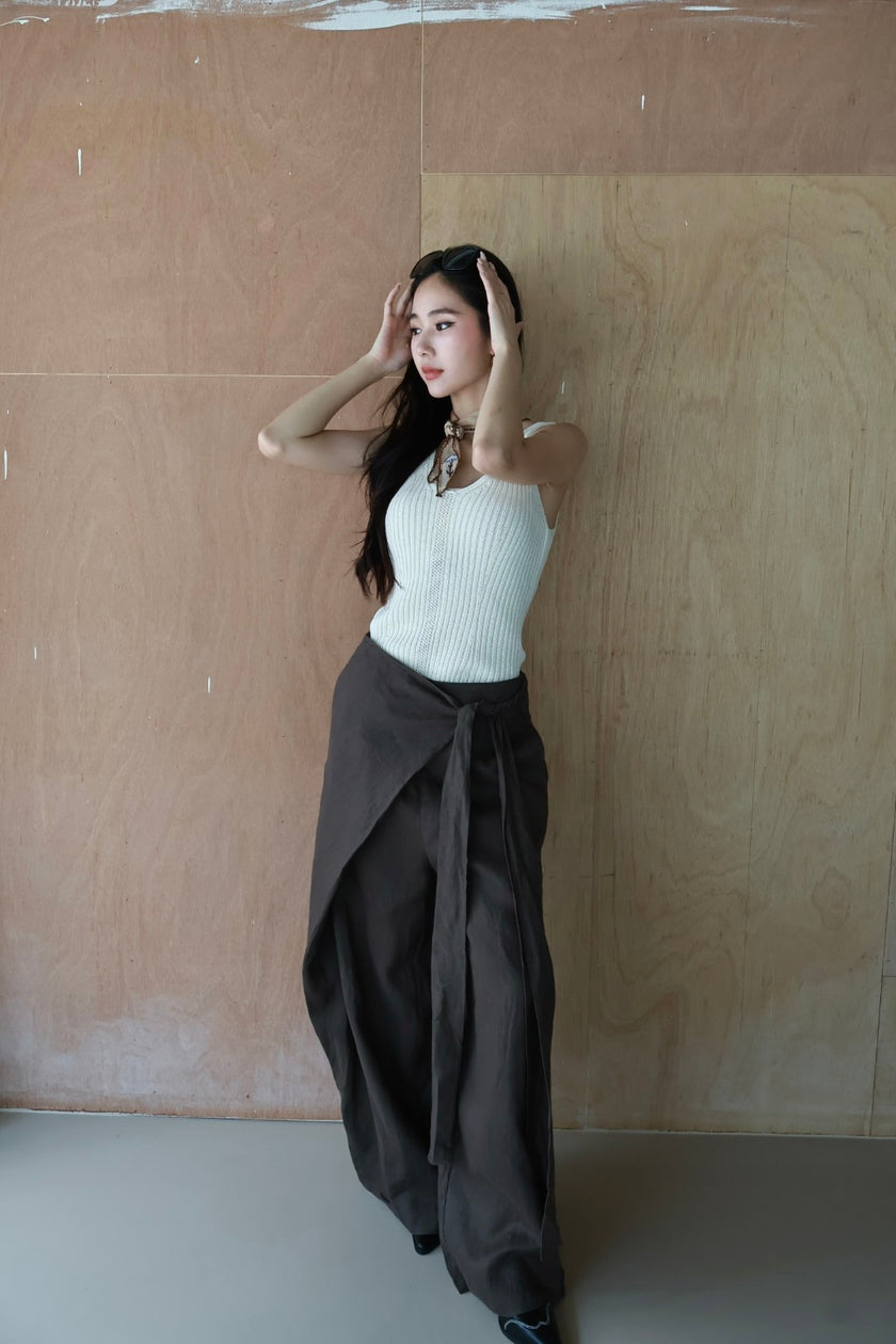 老錢亞麻綁帶裙褲-咖