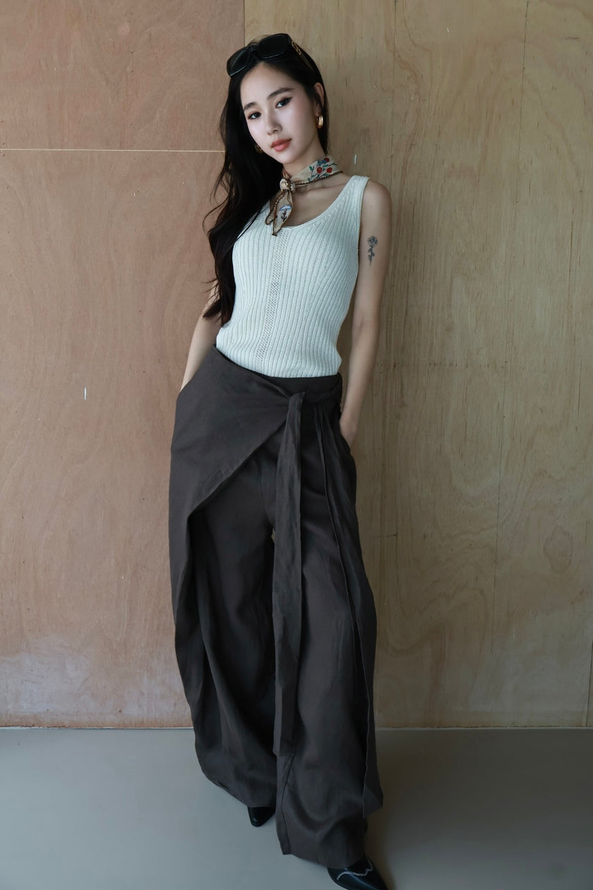 老錢亞麻綁帶裙褲-咖