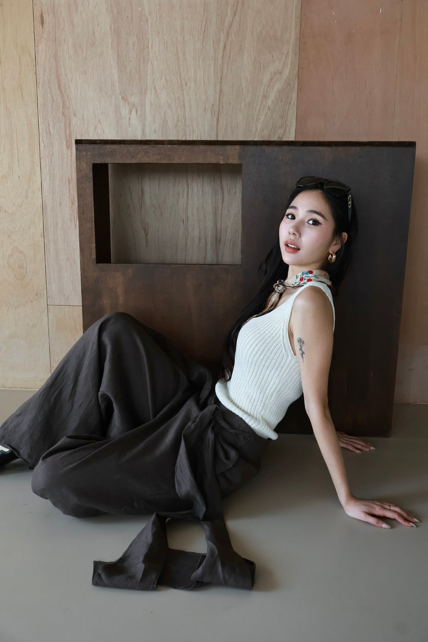 老錢亞麻綁帶裙褲-咖